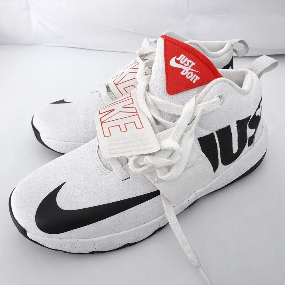 Nike Kids Basketball Shoes White‎ Black Red Logo Strap AQ9977-100 Size 5.5Y